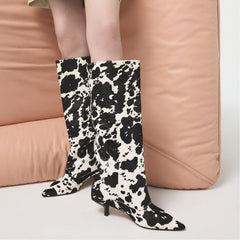 Everose in White Black - Knee-high boot Kitten heel