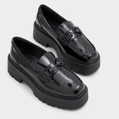 Lug sole Oneameth Black Synthetic Patent Women's Loafers & Oxfords - Loafer