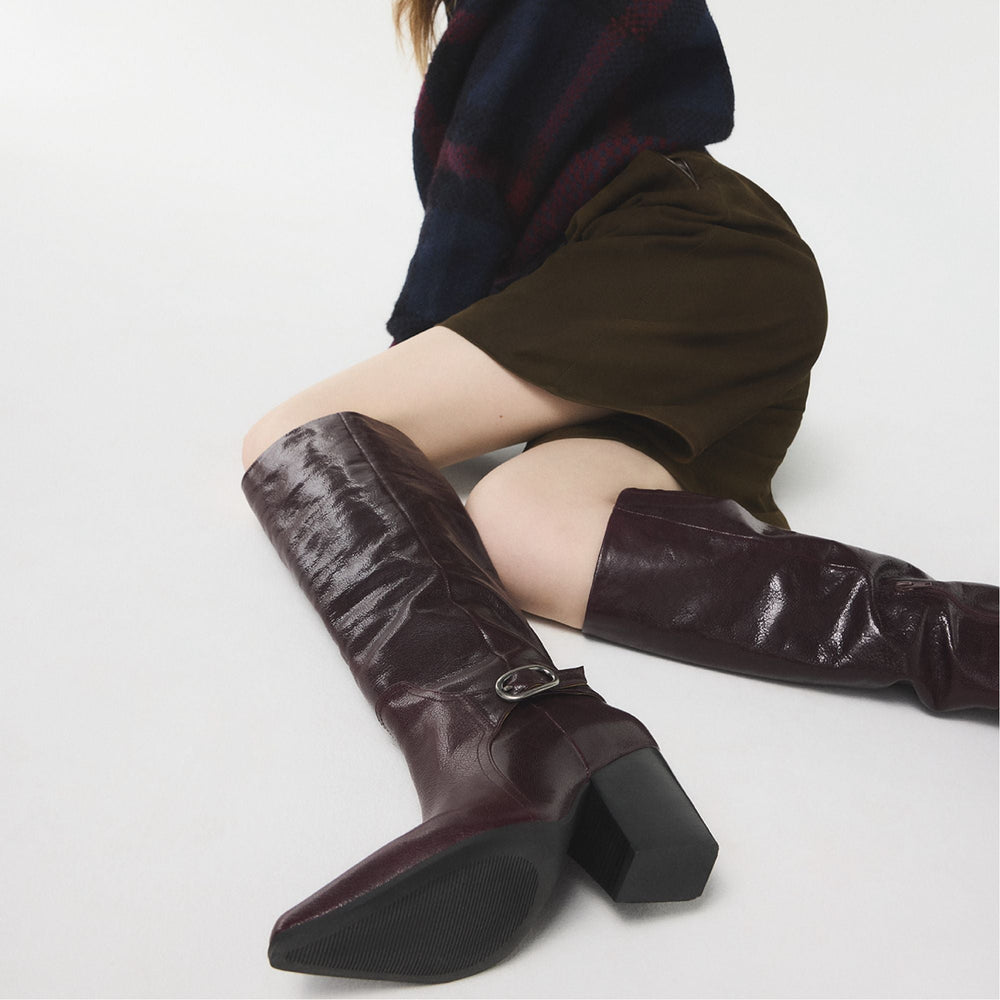 Saddle in Bordo - Knee-high boot Block heel