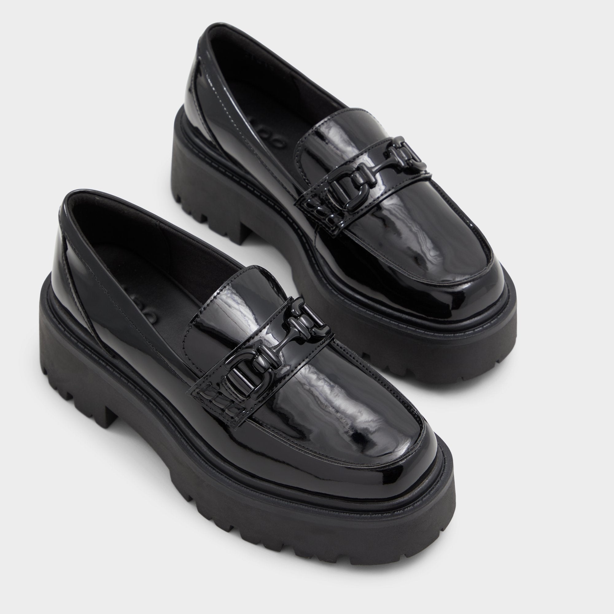 Lug sole Oneameth Black Synthetic Patent Women's Loafers & Oxfords - Loafer