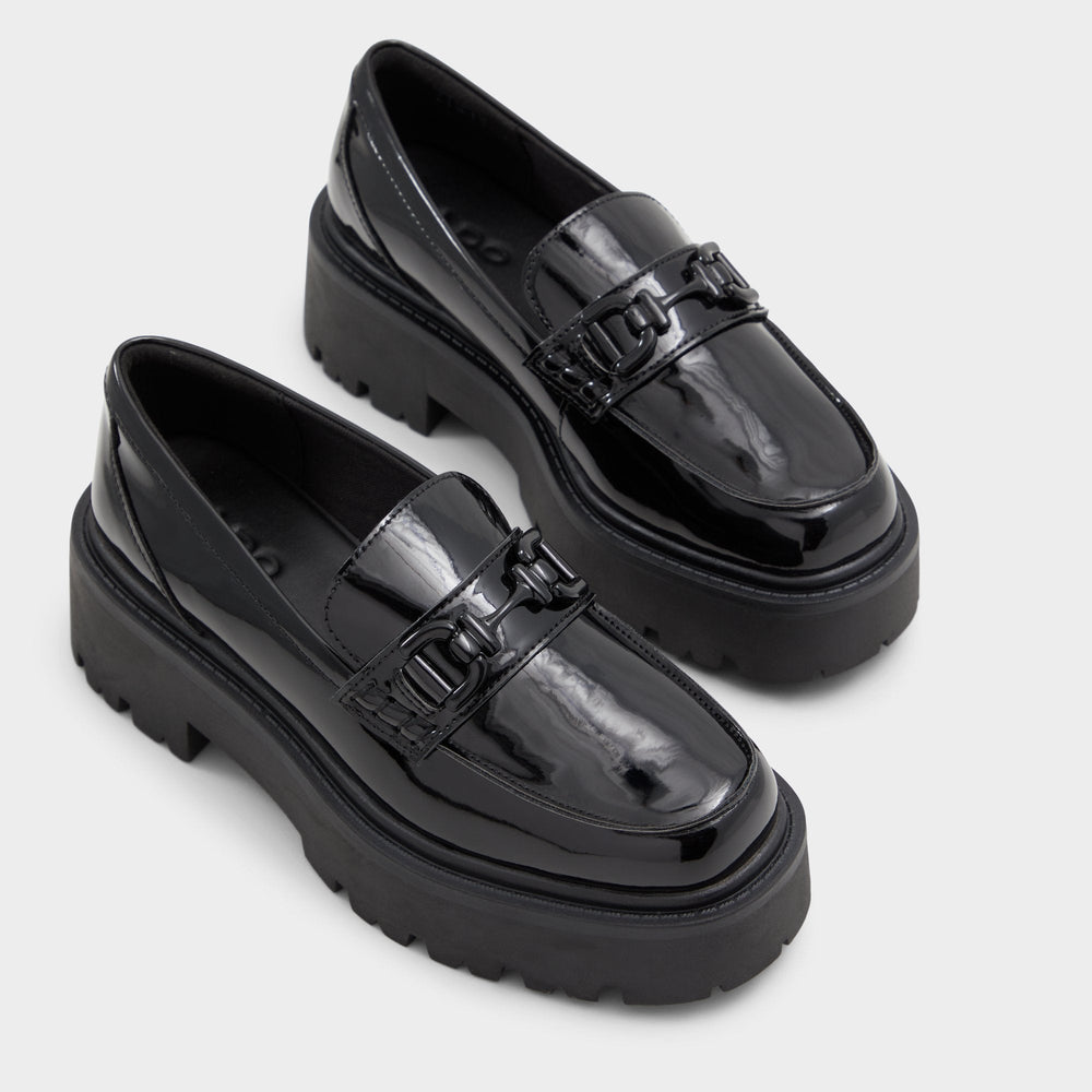 Lug sole Oneameth Black Synthetic Patent Women's Loafers & Oxfords - Loafer