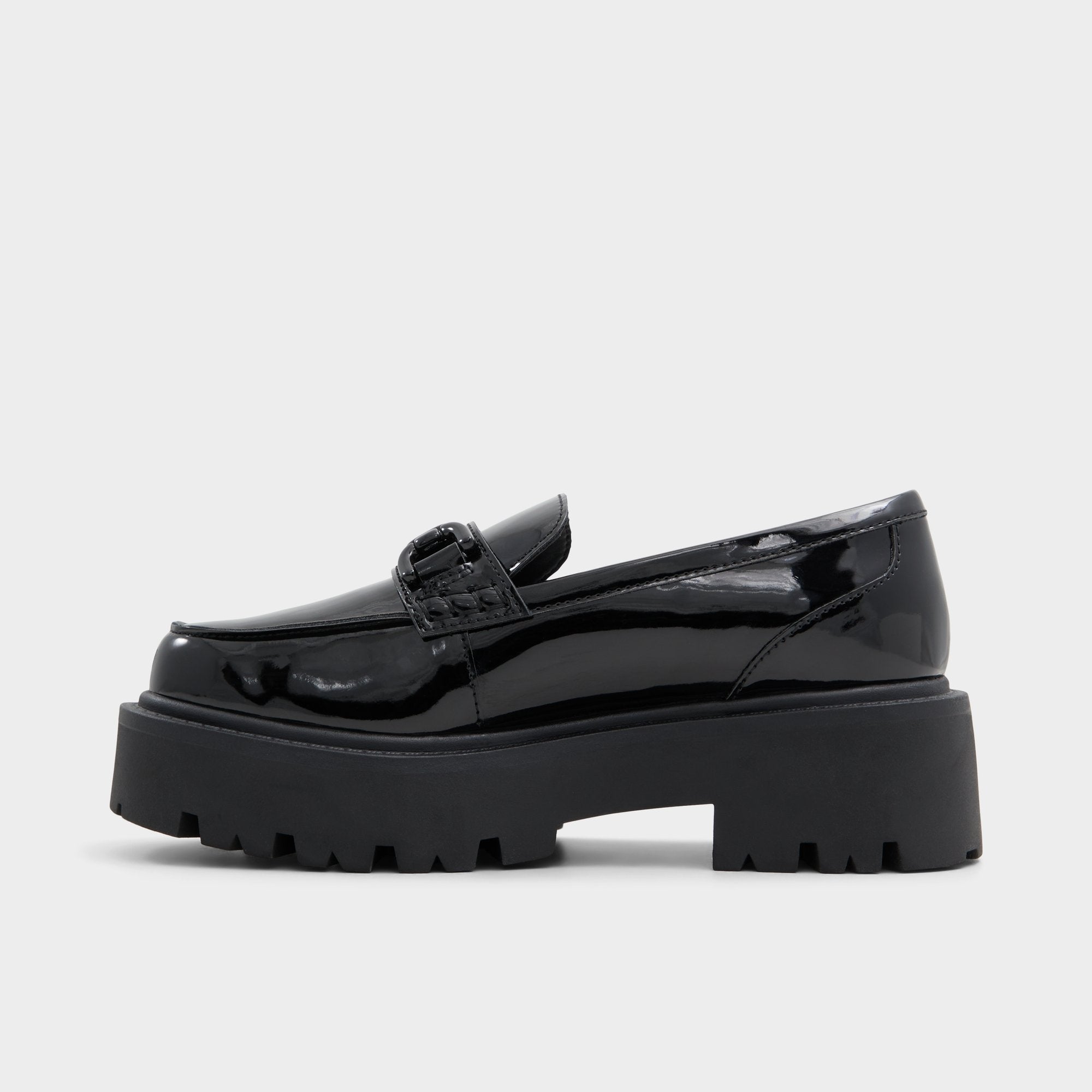 Lug sole Oneameth Black Synthetic Patent Women's Loafers & Oxfords - Loafer