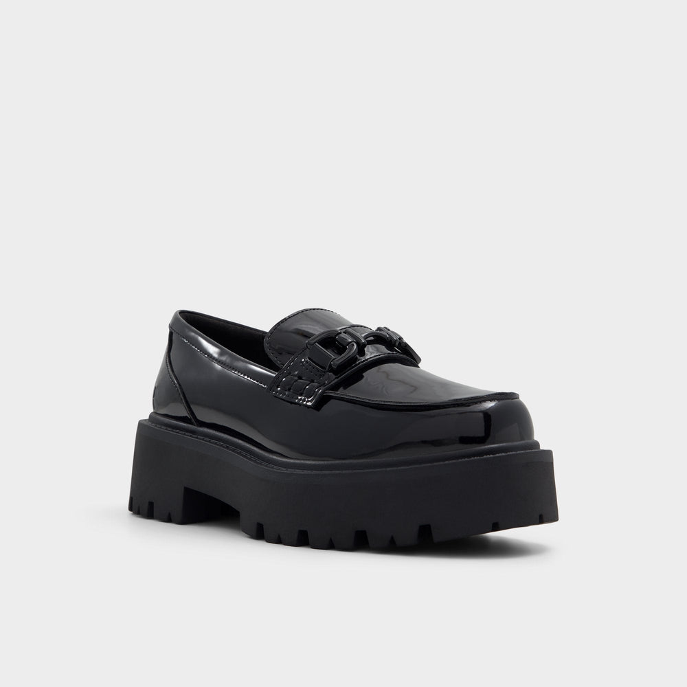 Lug sole Oneameth Black Synthetic Patent Women's Loafers & Oxfords - Loafer
