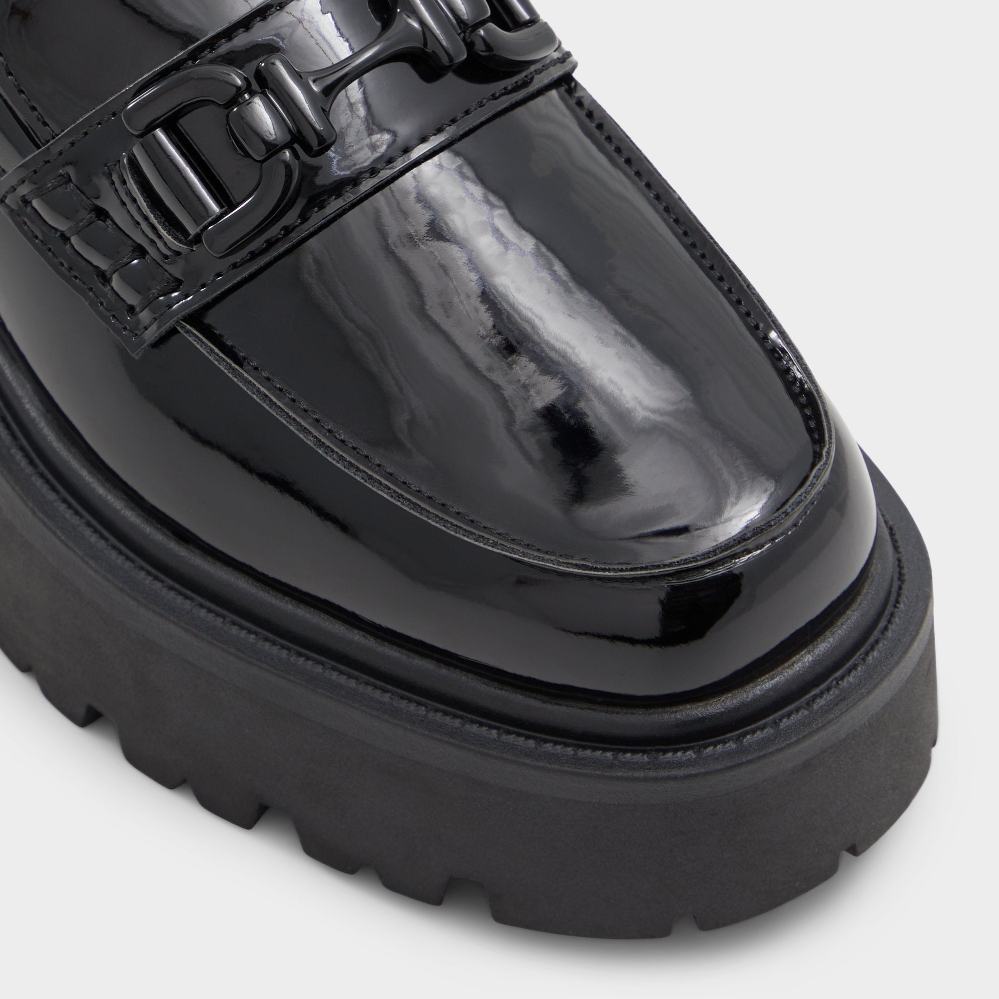 Lug sole Oneameth Black Synthetic Patent Women's Loafers & Oxfords - Loafer