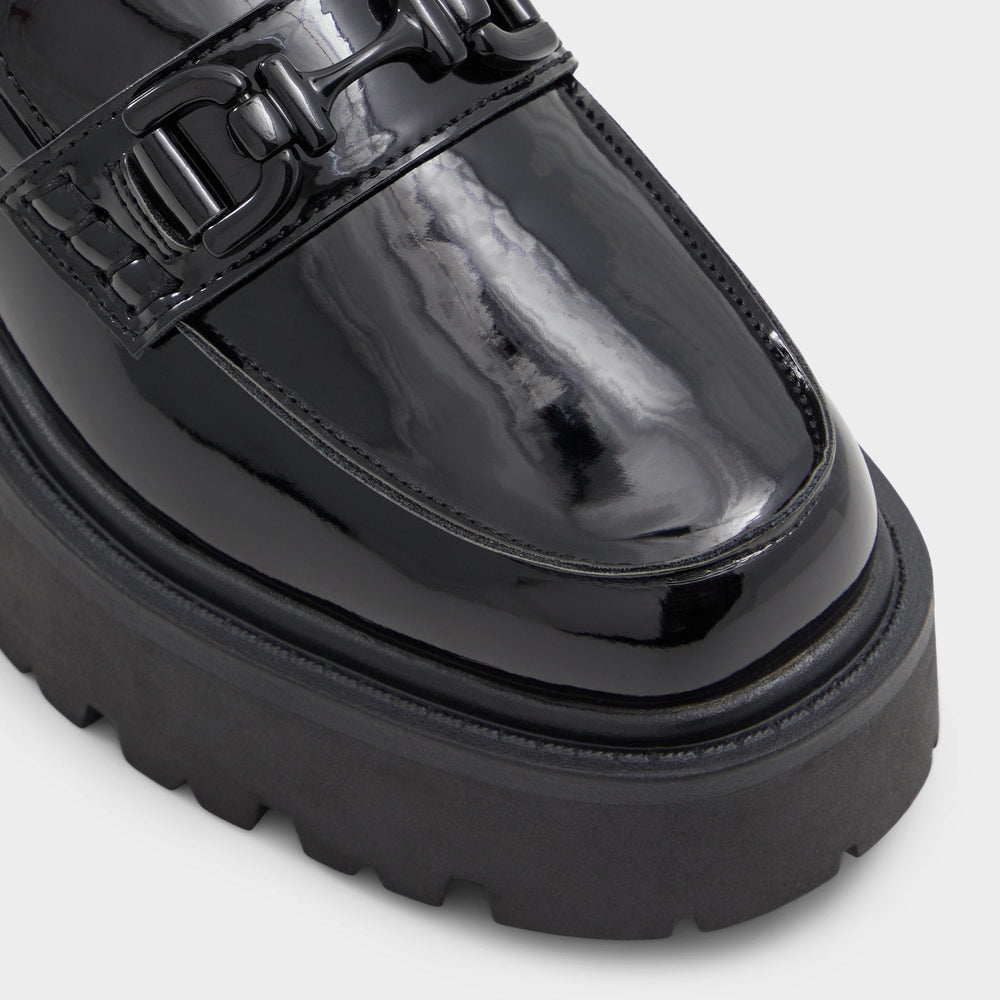 Lug sole Oneameth Black Synthetic Patent Women's Loafers & Oxfords - Loafer