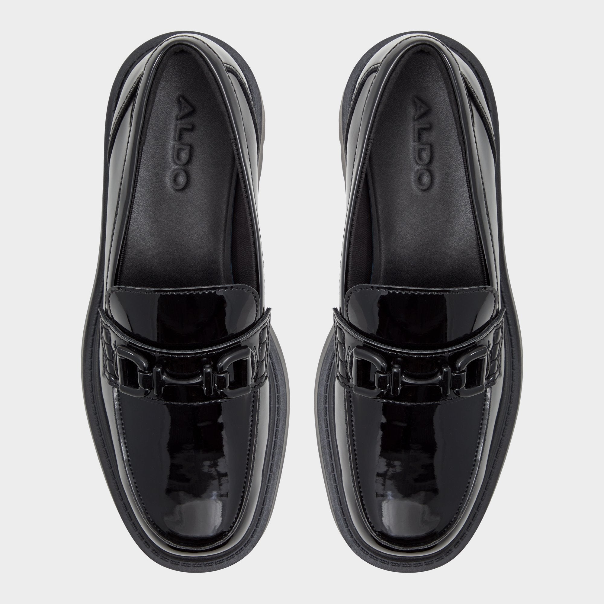 Lug sole Oneameth Black Synthetic Patent Women's Loafers & Oxfords - Loafer