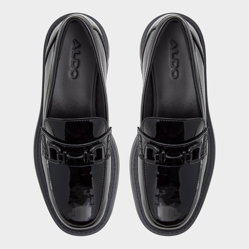 Lug sole Oneameth Black Synthetic Patent Women's Loafers & Oxfords - Loafer