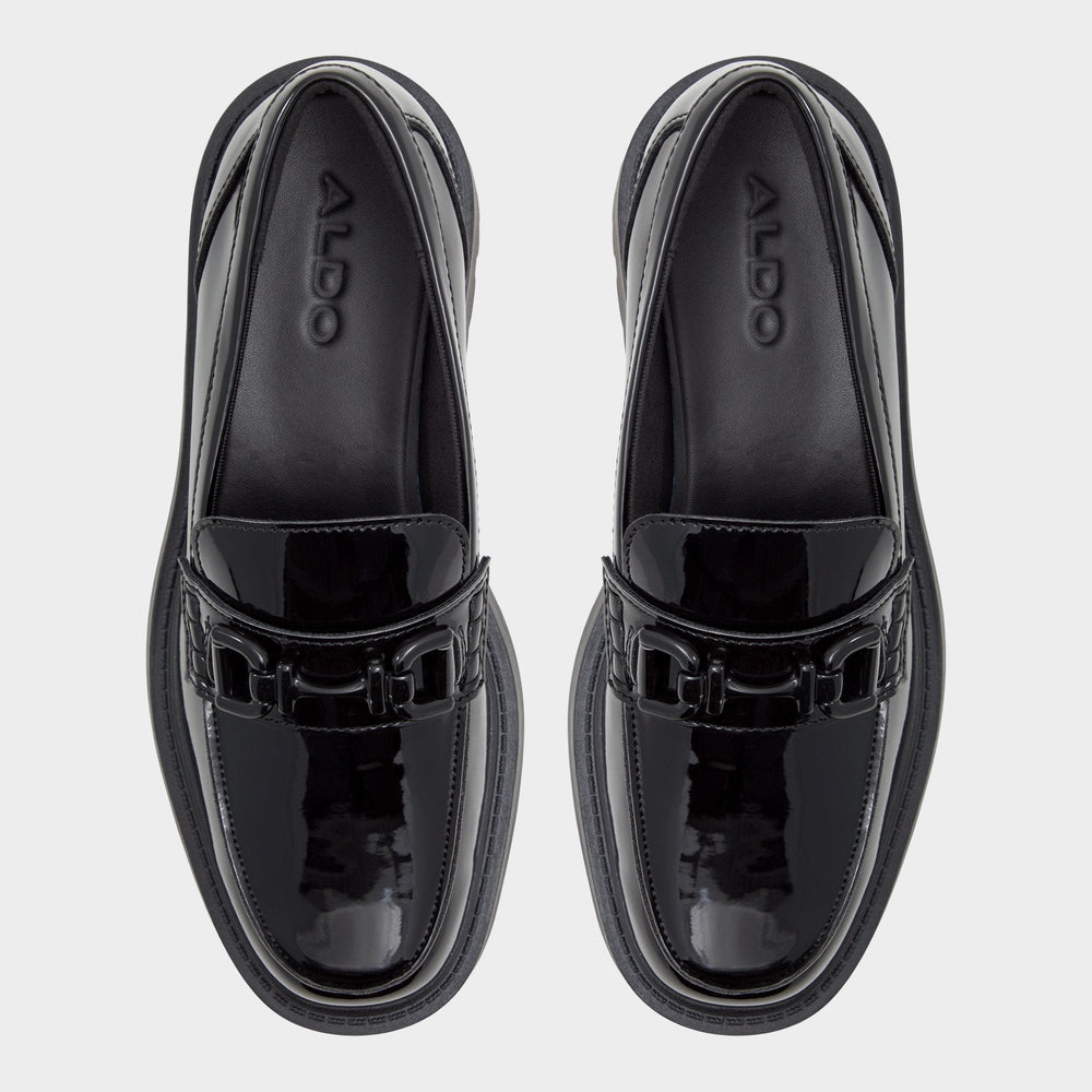 Lug sole Oneameth Black Synthetic Patent Women's Loafers & Oxfords - Loafer