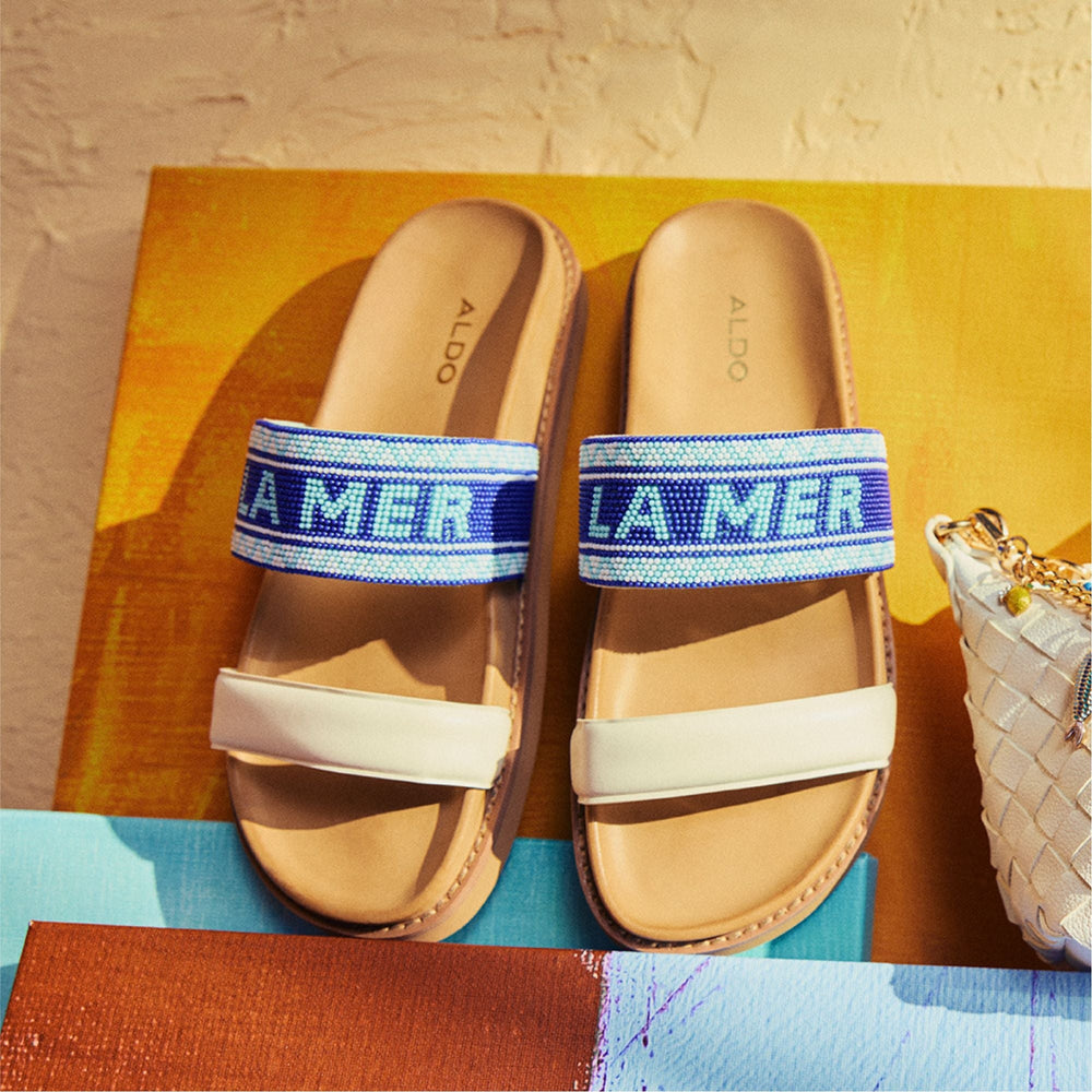 Beachvacay White/Blue Women's Footbed sandals - Slide sandal Footbed sandal